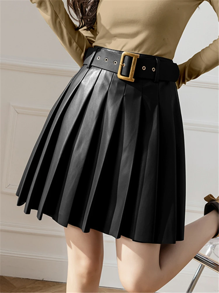 REALEFT Women PU Leather Skirts With Belt 2022 Autumn Winter