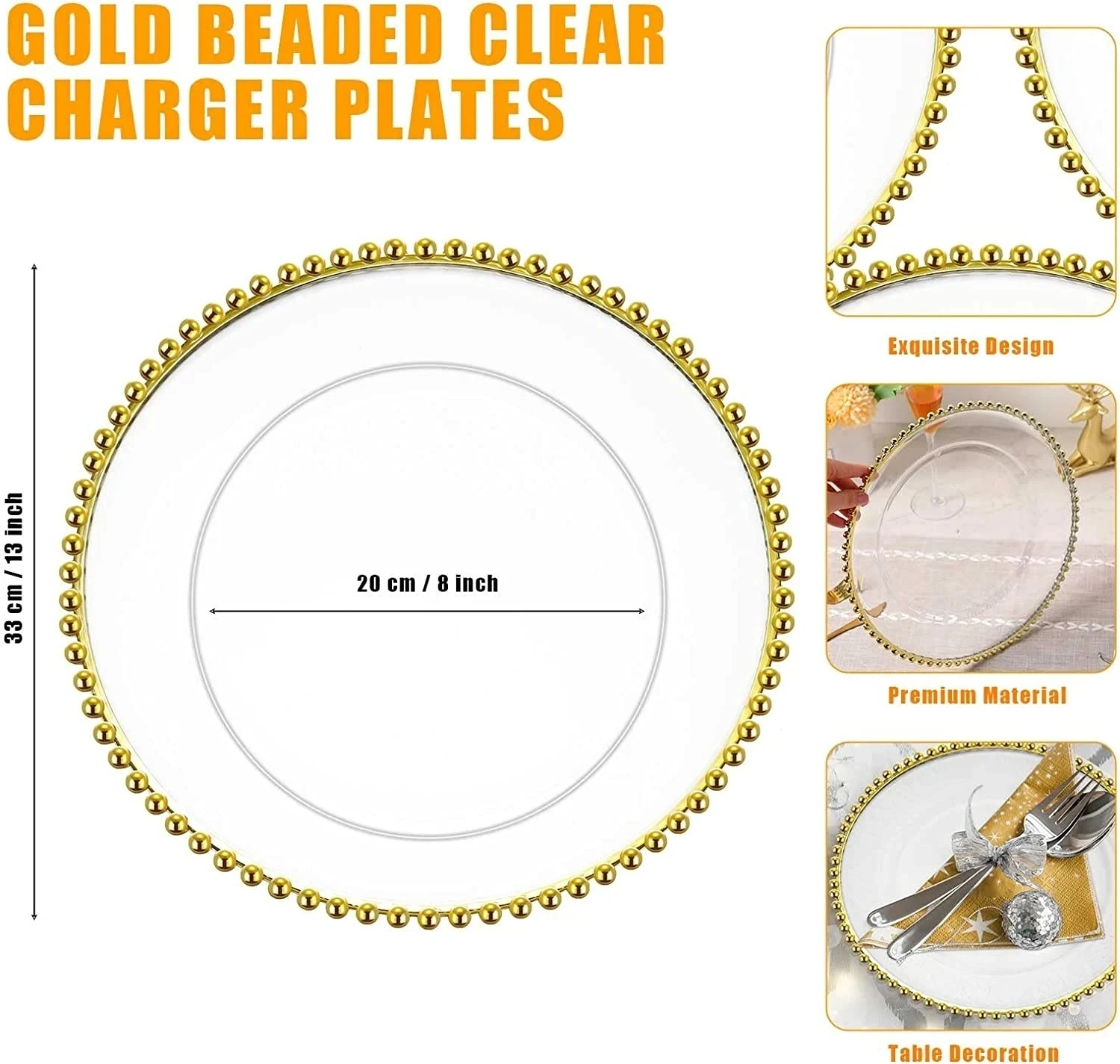 Clear Plastic Charger Plates with Gold Beads Rim, Acrylic Decorative Service Plate, Diameter 13 Inches, 20Pcs, 50Pcs