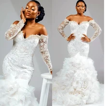 

Gorgeous Mermaid Wedding Dresses Off the Shoulder Long Sleeves Bridal Gown Ruffles Sweep Train Lace Applique Vestido De Novia