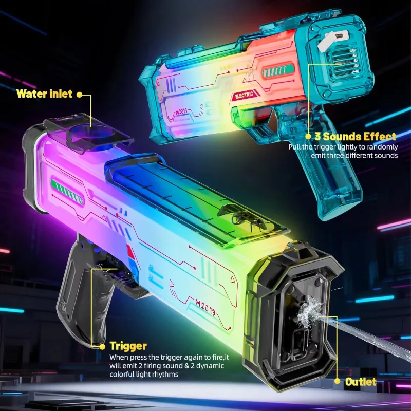 다이나믹한 화려한 조명과 사운드 효과가 있는 어린이 전동 물총, 자동 물 분사기, 여름 야외 수영장 장난감