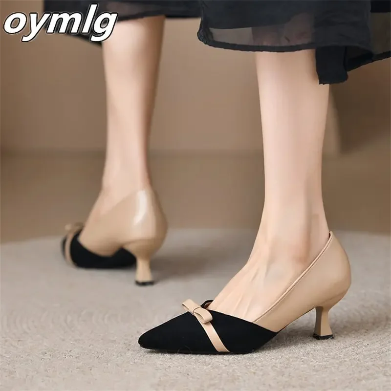 Elegant temperament color matching bow knot women's shoes New spring 2024 thin medium heel pointed single shoes for women