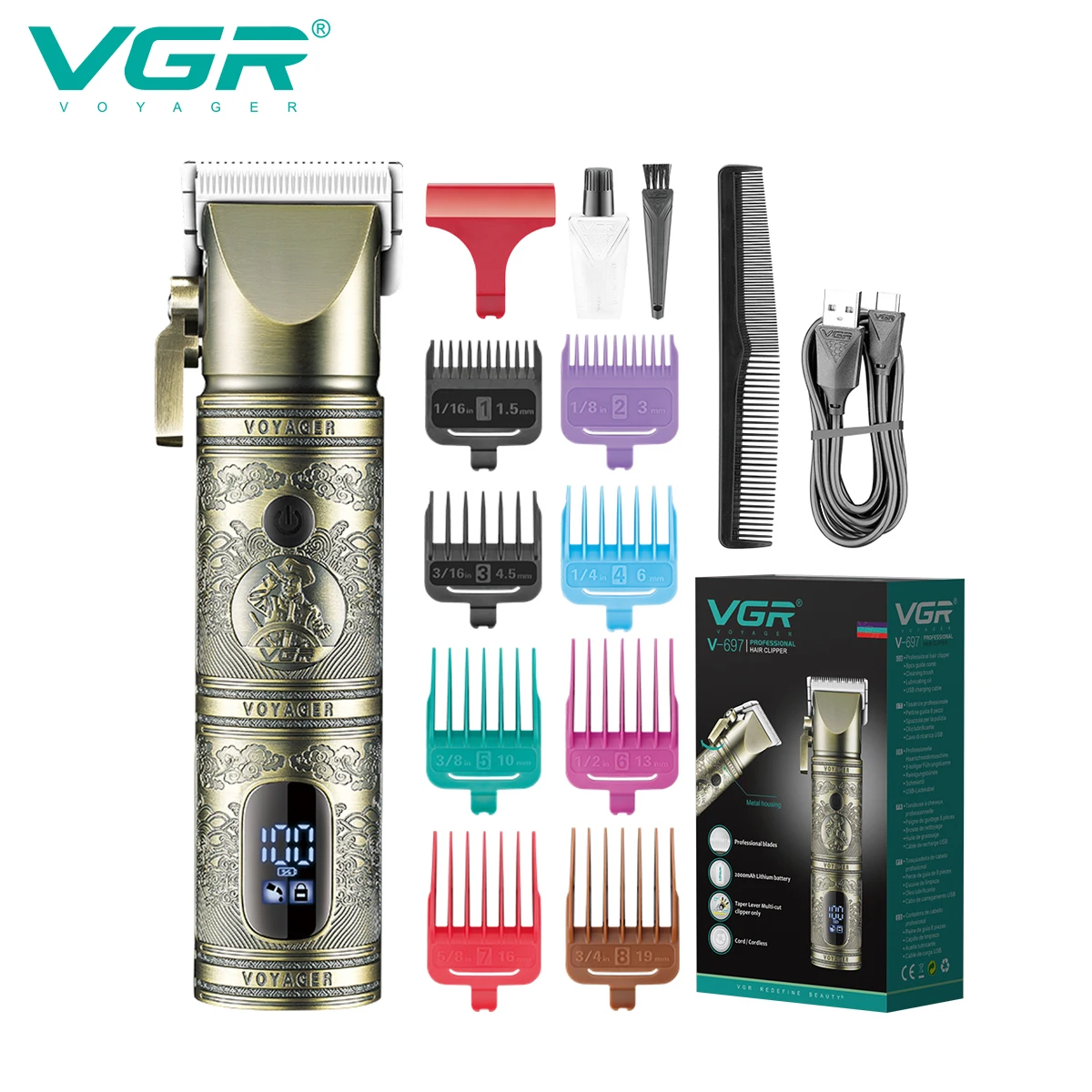 VGR Hair Clipper Professional Hair Trimmer LED Display Hair Cutting Machine Adjustable T9 Rechargeable Trimmer for Men V-697