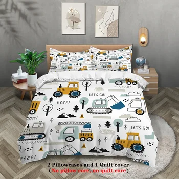 Three-piece set (1 duvet cover + 2 pillowcases, coreless), cartoon engineering vehicle element print bedding set, multiple sizes 1