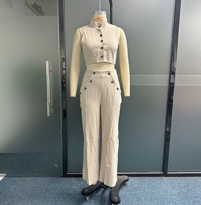 Women 2 Piece Set Outfit 2024 Temperament Turndown Collar Sleeveless Short Top and Button High Waisted Straight Leg Pants Set