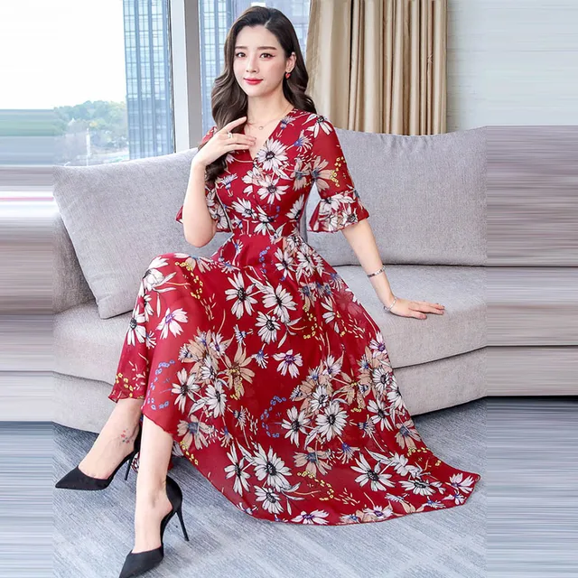 Women Floral Long Dress 2023 Casual Fashion Chiffon A Line V Neck Short Sleeve Dress Summer