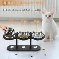3-Tier Elevated Cat Bowl with Support Stands Wood & Stainless Steel Adjustable 15-Degree Angle Stand Slanted Pet Food Bowl 3