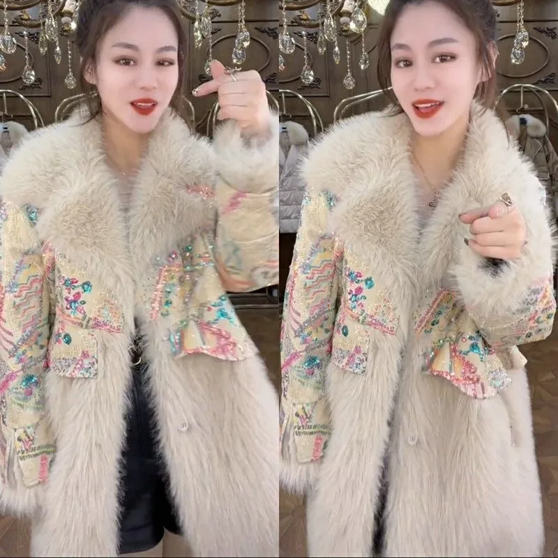 

2023 Winter New Leather Fur Integrated Cotton Jacket Splicing Style Fashion Fox Fur Coat Mink Wool Padded Overcoat
