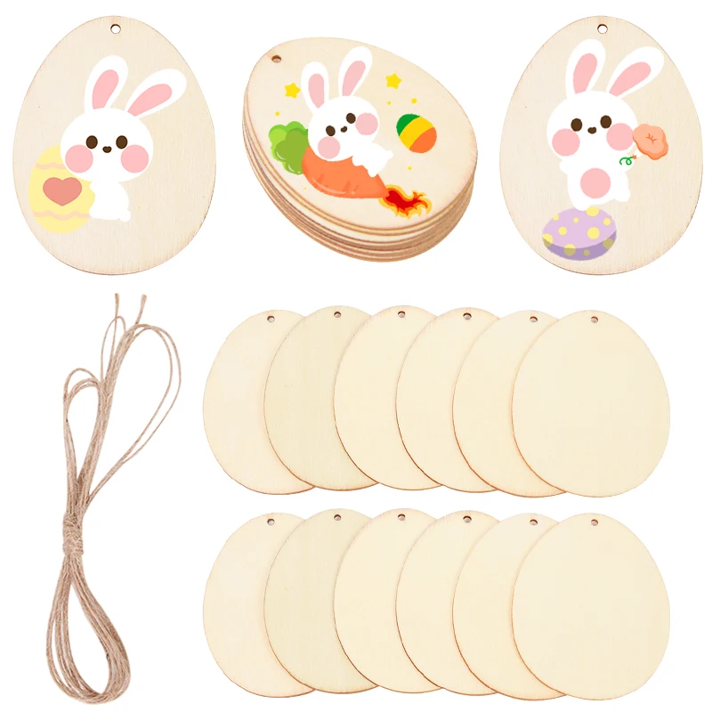 10/25/50pcs Natural Easter Eggs Wood Chips Unfinished Graffiti Drawing Wood DIY Wooden Craft Hanging Ornament Easter Decorations