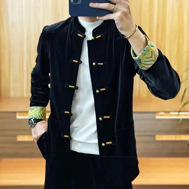 Spring and Autumn New Jackets Men's Stand Up Collar 2024 Fashion Chinese Style Tang Costume Buckle Gold Velvet All-match Coats 3