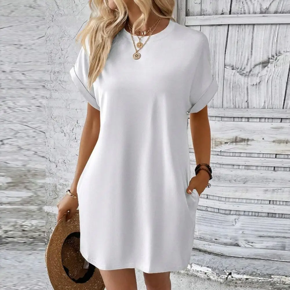 

Women's Summer Dress Solid Color Round Neck Short Sleeve Loose Side Pockets Casual Daily Commuting Office Date Mini Dress