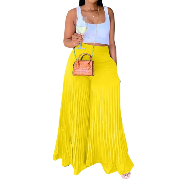 Women s Pleated Wide Leg Pants Solid Color Elastic Waist Casual Loose Fit  Palazzo Pants with Pockets| | - AliExpress