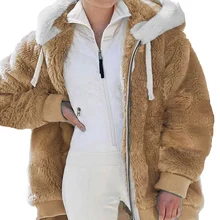 

2021 Women Winter Teddy Jacket Warm Thick Fleece Faux Fur Coat Plush Coat Woman Casual Fluffy Pockets Hooded Overcoat Outerwear