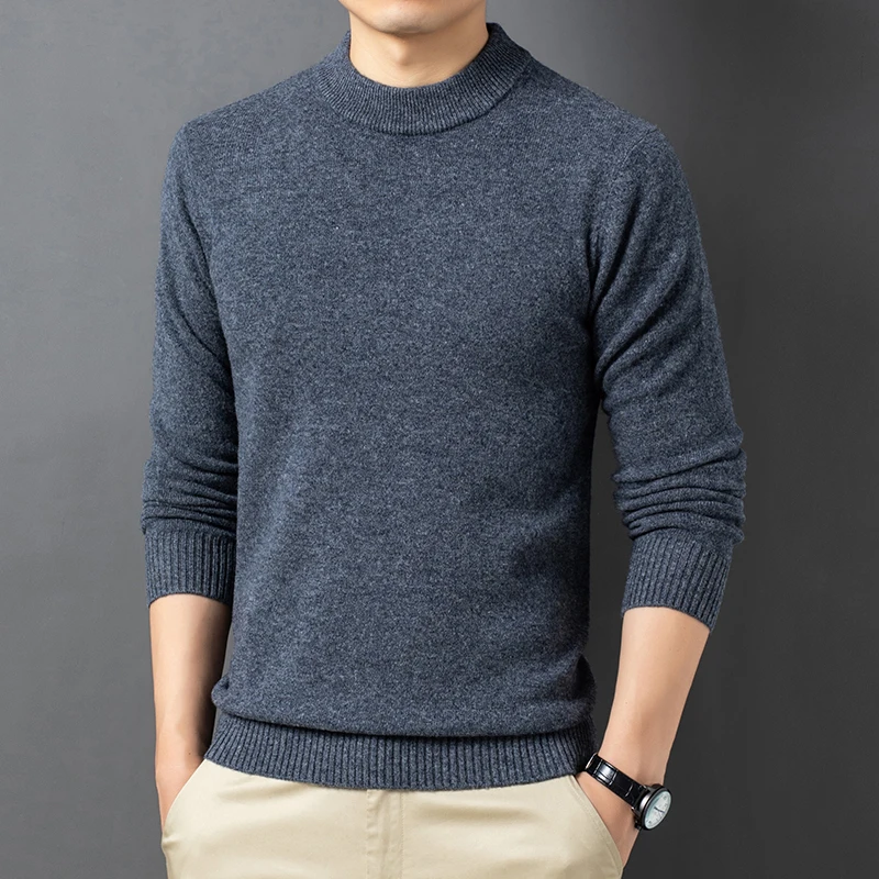 round Neck Men\'s Sweater Fashion Thick 100% Pure Wool Autumn and Winter Knitted Top Thermal Bottomming Sweater