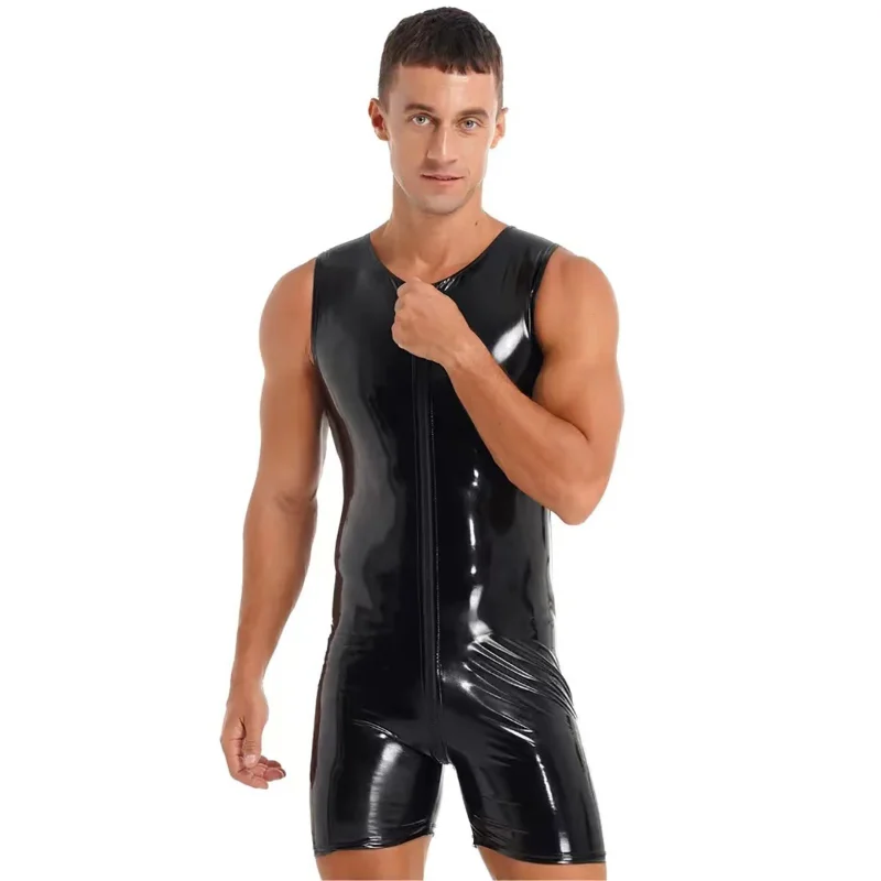 

Wetlook Latex Catsuit S-7XL Man Jumpsuits Black Stretch PVC Leather Bodysuits Sexy Clubwear Men Gay Zipper Open Crotch Catsuit