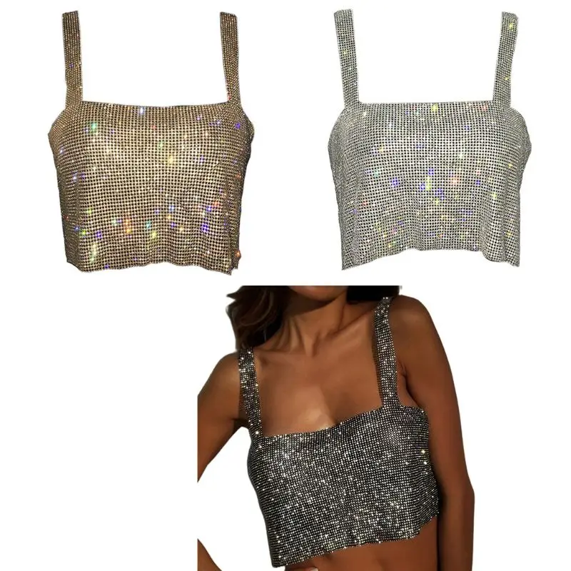 

Women Sexy Off Shoulder Cropped for Tank Top Glitter for Rhinestone Metal Diamond Camis Vest Backless Dancing Festival 10CF