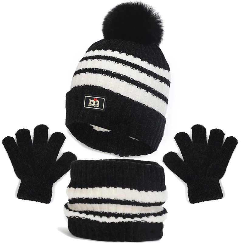 Kids Warm Hat Gloves Scarf Winter 3Pcs Set Toddler Boys Girls Beanie Scarf Children Windproof Warm Bonnet