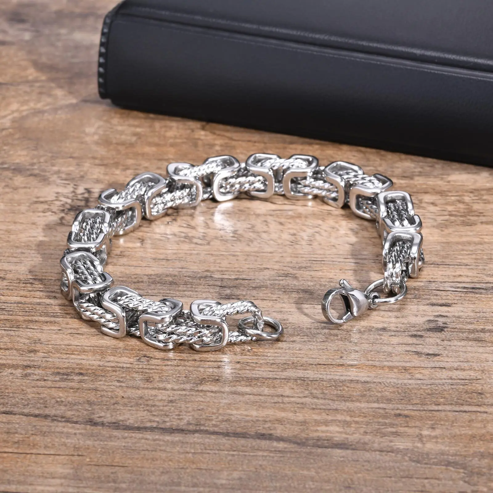 Chunky Byzantine Men's Bracelet - Retro Grey 8mm Stainless Steel Braided Link Wristband, Vintage Jewelry Gift