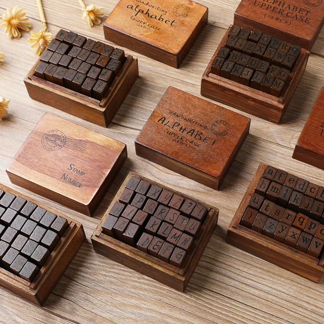 Wooden Alphabet Letter Stamps Vintage Uppercase Lowercase Letter Rubber  Stamps DIY Self Ink Pad Diary Ablum Handmade Art Craft