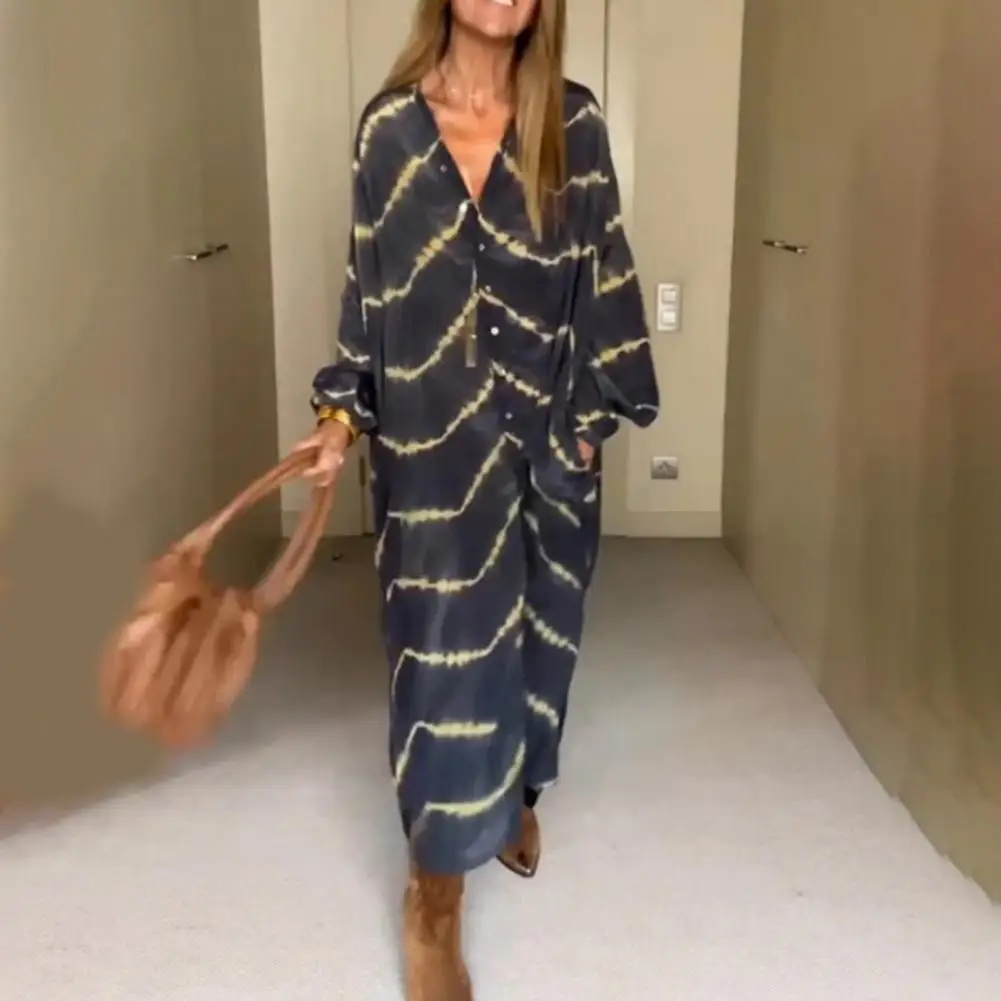 

Cardigan Design Dress Bohemian Wave Print V-neck Shirt Dress with Pockets Stylish Long Sleeve Cardigan for Women's Spring Autumn