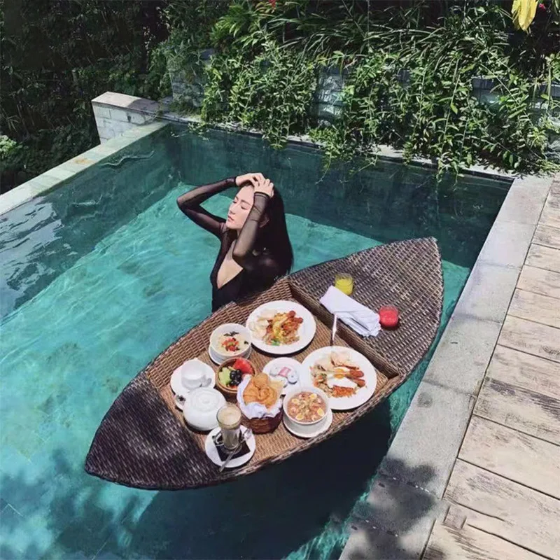 Hotel Rattan Brunch Floating Break Fast Tray Boat Shaped Rattan Pool Floating Drink Tray