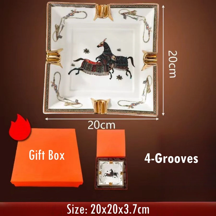Luxury Ceramic Cigar Ashtray With Gift Box Package Warhorse Pattern Ash Holder Cigarette Holders 2/4 Grooves Available ceramic ashtray
