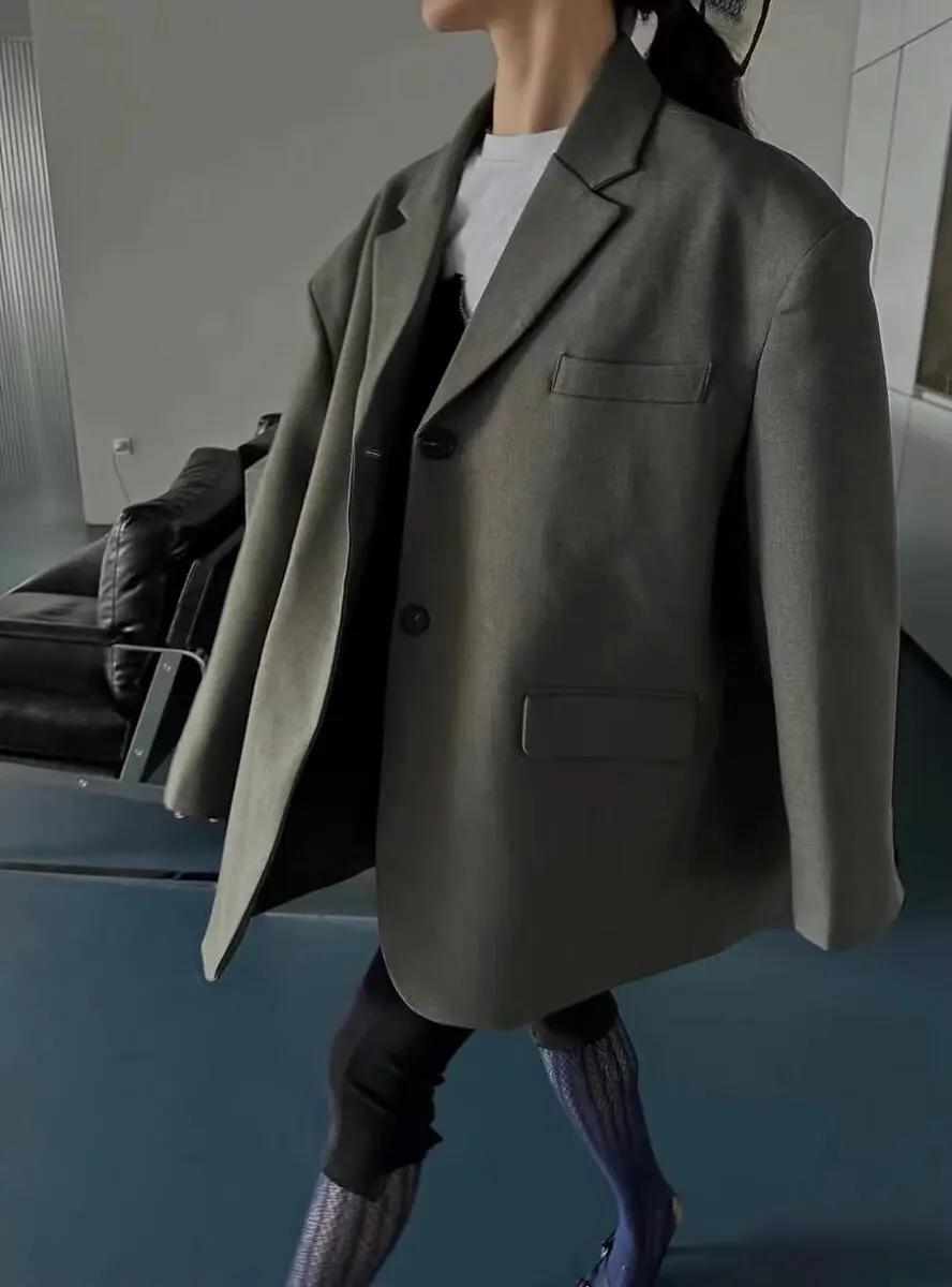 Chill Dark Gray Oversized Blazer Boyfriend Vintage Women Notched Collar Loose Suit Fashion Coat