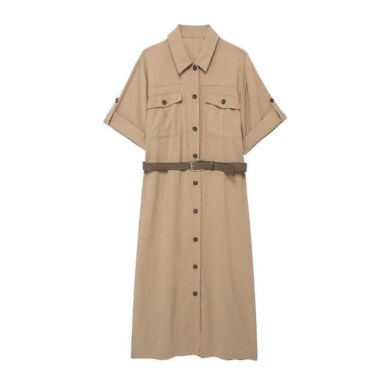

2024 New Casual Office Short Sleeve Shirt Dress Women's Belt Buckle Fashion Casual Elegant Women's Long Dresses