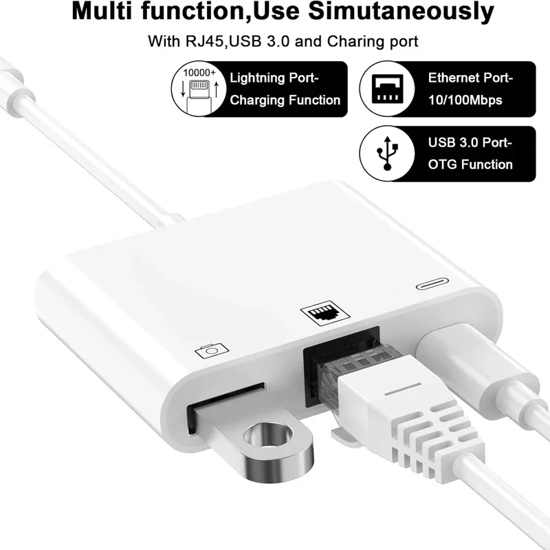 RJ45 Ethernet Adapter For Lightning iPhone 14 13 12 11 8 7 6 5 /iPad/iPod 3 in 1 Adapter with Charging Port USB OTG