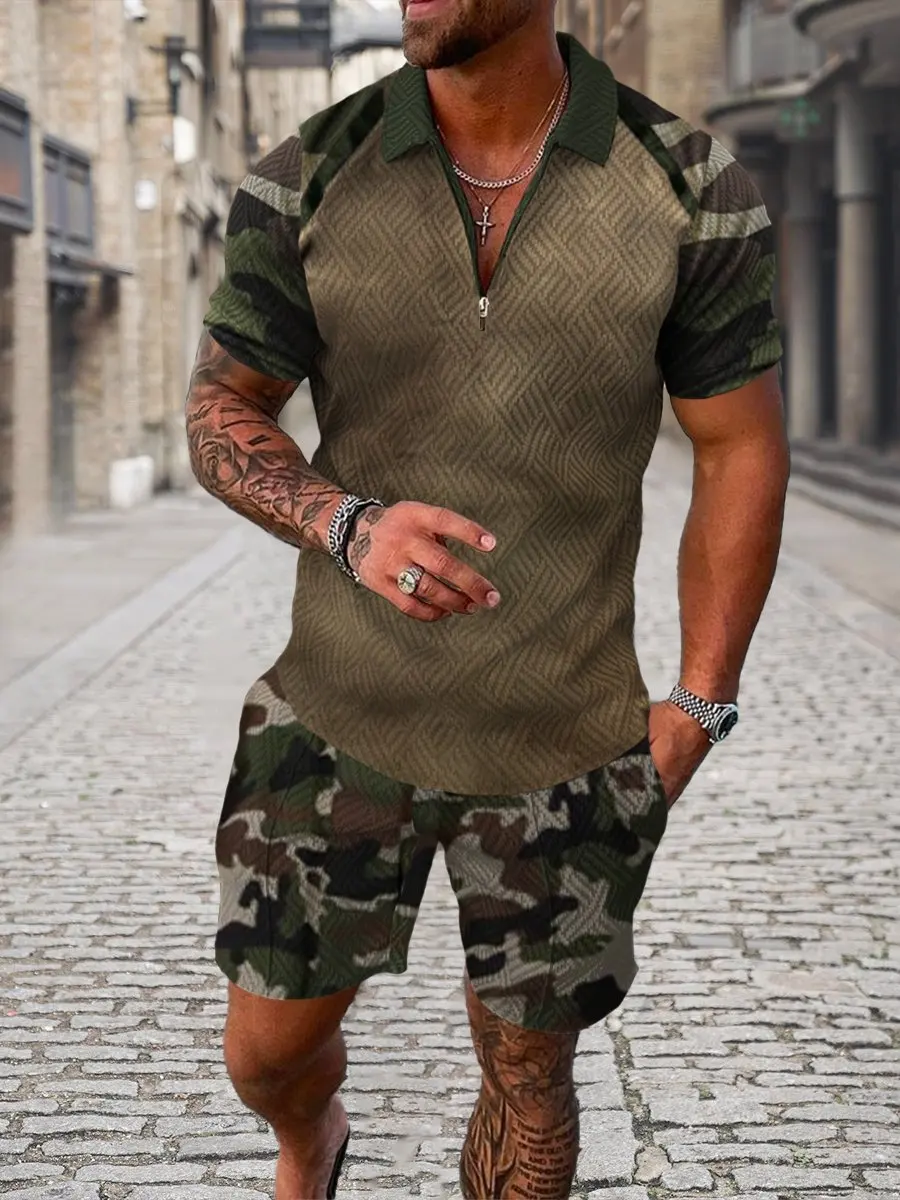 

2023 Summer New Men's Polo Shirts Sets Fashion Man Pullover Clothing 3D Printed Zipper Collar Polo Shirt And Shorts 2pcs Sets