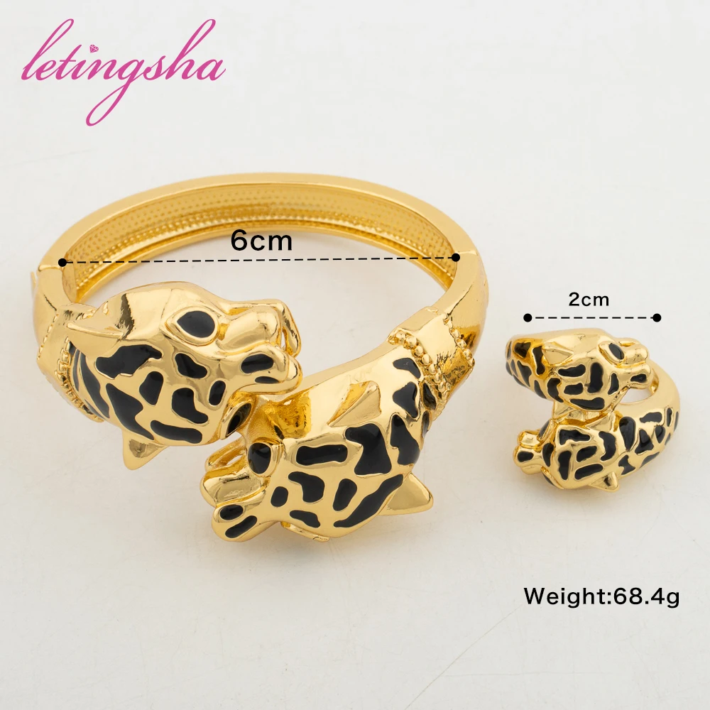 Gold Plated Leopard Bangles For Banquet Party Fashion Adjustable Ring 2pcs Jewelry Sets For Women Dubai Jewelry Accessories 4