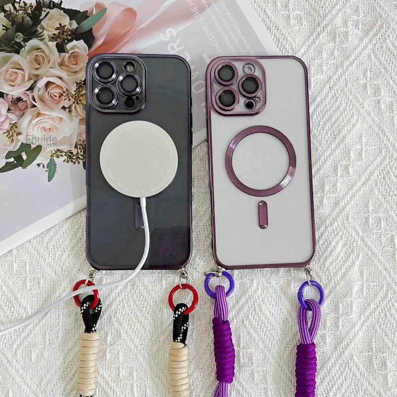 Magnetic Transparent Plating Case with Crossbody Lanyard Strap