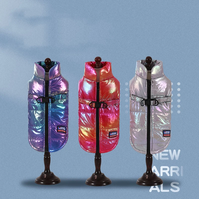 Waterproof reflective gradient color vest with fleece lining, warm dog clothing for Bichon dogs with reflective design.