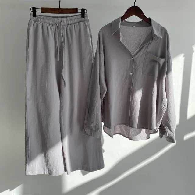 Conjuntos de 2 piezas para mujer 2026, camisa retro de color liso de algodón y lino + pantalones holgados de cintura alta, conjuntos de ropa para mujer 2