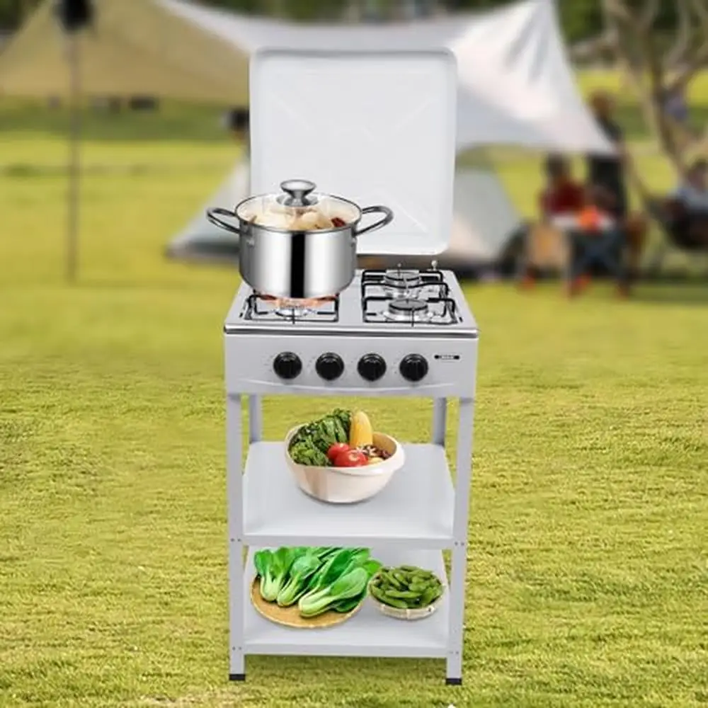 Stainless Steel Gas Stove 4-Burner BBQ Cooker with 2-Tier Storage Rack 2