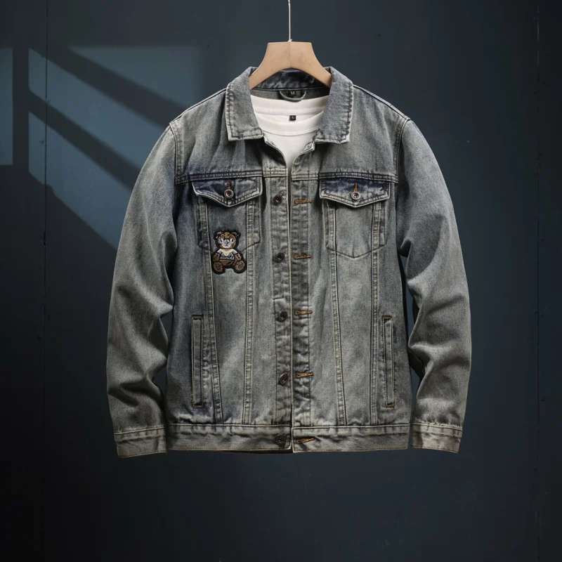 New Street Fashion American Retro Denim Wear Men's Locomotive Korean Style Pu Shuai Bear Embroidery Jacket