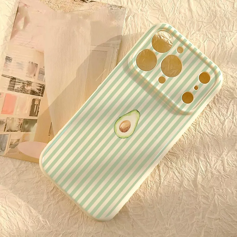 Mint Green Vertical Stripe Watercolor Avocado Pattern Silicone Phone Case