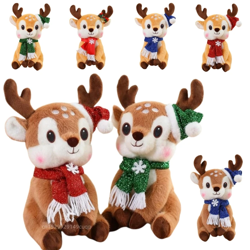 Kawaii Christmas Elk Plush Toys Stuffed Cartoon Sitting Pose Scarf Deer Doll Pretty Party Decor Lovely Xmas New Year Gift