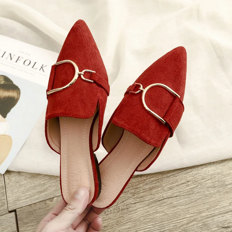 

New Spring Women's Mueller Shoes Fashion Pointy Metal Design Leisure Flat Shoes Outdoor Wear Red and Black Large Size 41-42