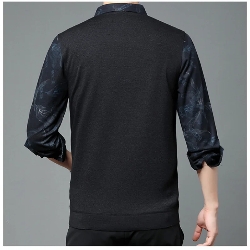 New Autumn Winter Fashion Trend Solid Color Striped Polo Collar Fake Two Piece Long Sleeve Simple Casual Men's Loose Sweater Top