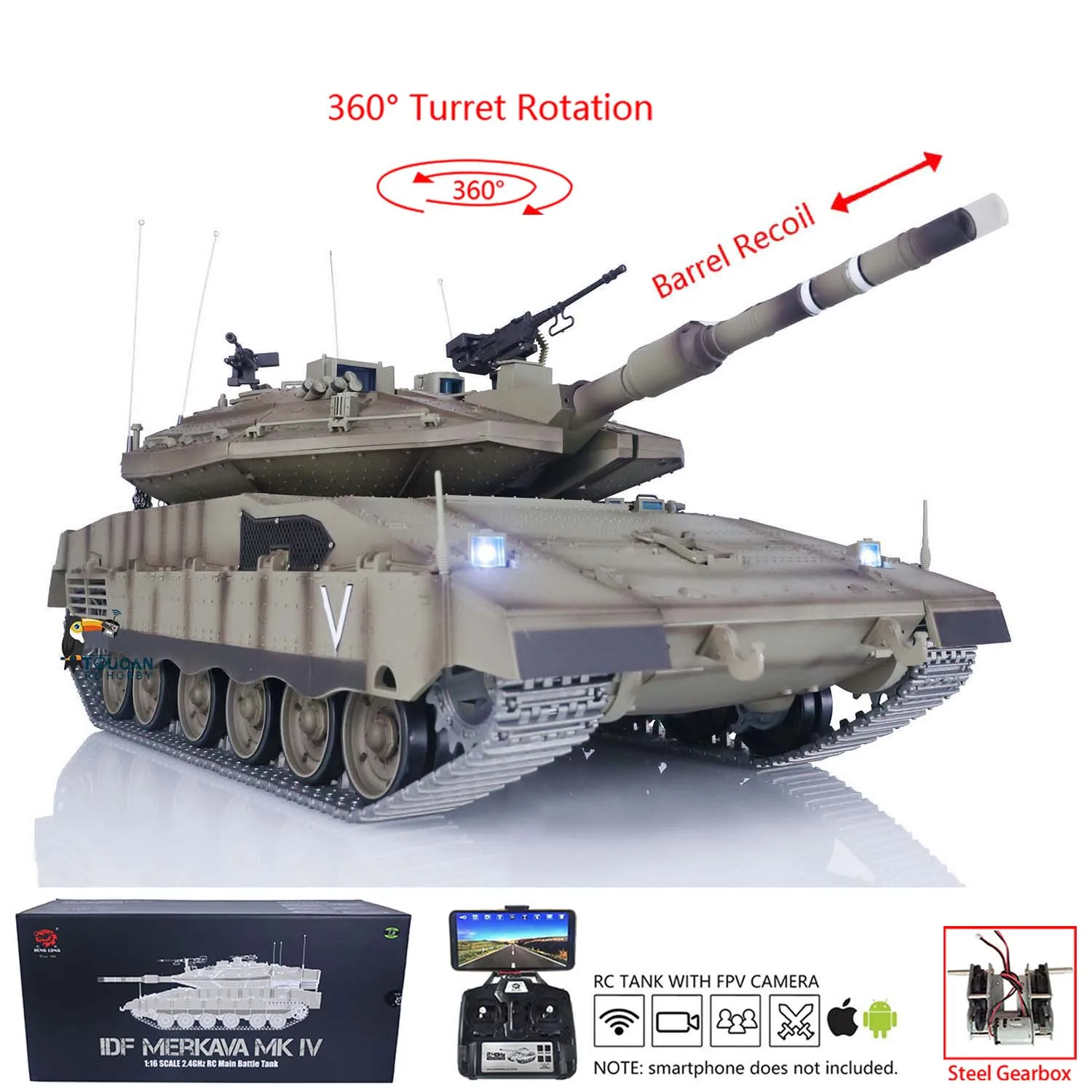 

1:16 RC Main Battle Tank Heng Long Car 3958 TK7.0 IDF Merkava MK IV FPV Upgrade Edition Toucan Toys for Boys