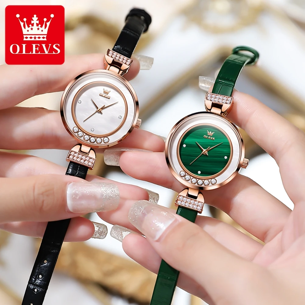 OLEVS Quartz Watch for Women Luxury Leather Strap Inlay Diamond Dial Waterproof Fashion Elegant Women's Wristwatches Reloj Mujer