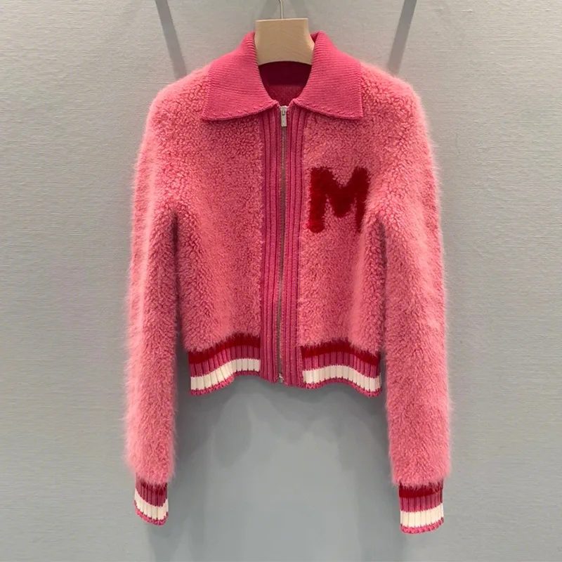 

2023 New Pink Sweater M Letter Jacquard Zipper Lamb Wool Cardigan Coat Celebrity Top Female
