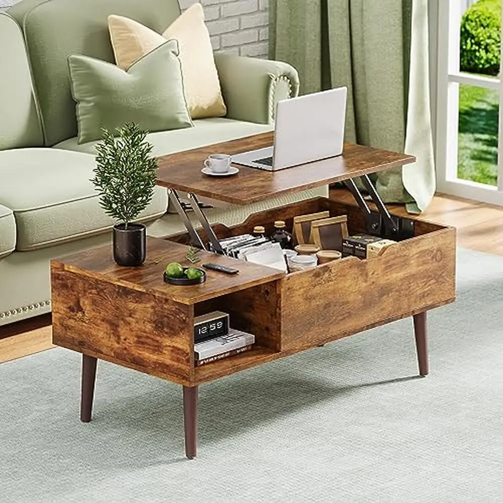 

Modern Lift Top Coffee Table with Hidden Compartment and Storage Shelves Living Room Office Rust Brown Wood Grain Rectangle