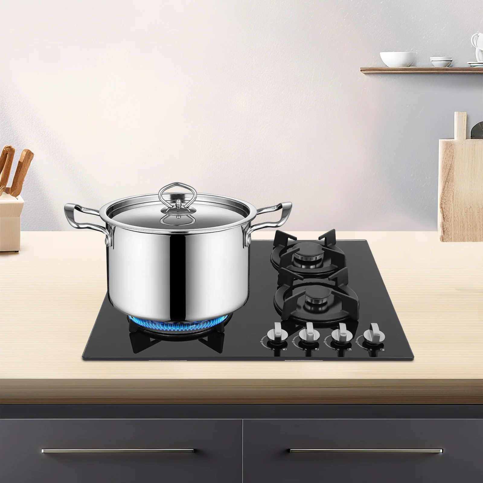 Modern Black 2/4 Burner Gas Cooktop with Toughened Glass Kitchen Countertop Stove Adjustable Firepower for Cooking