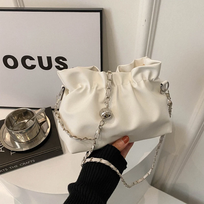 Women's Chain Bag Fashion Versatile Classic Solid Color Crossbody Bag Drawstring Shoulder Bag Silver Bucket Bag