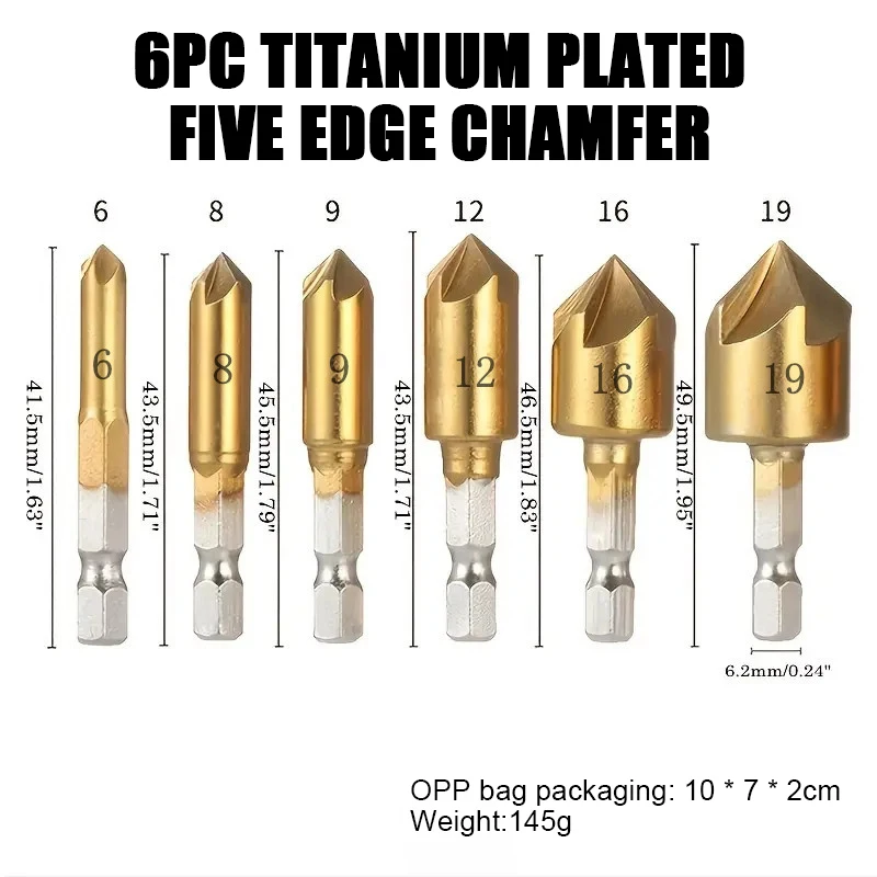 

6pcs 90 Degree Five-blade Hole Drill Bit 6-19mm Hex Shank Countersink Drill Bit Single-blade Chamfering Tool