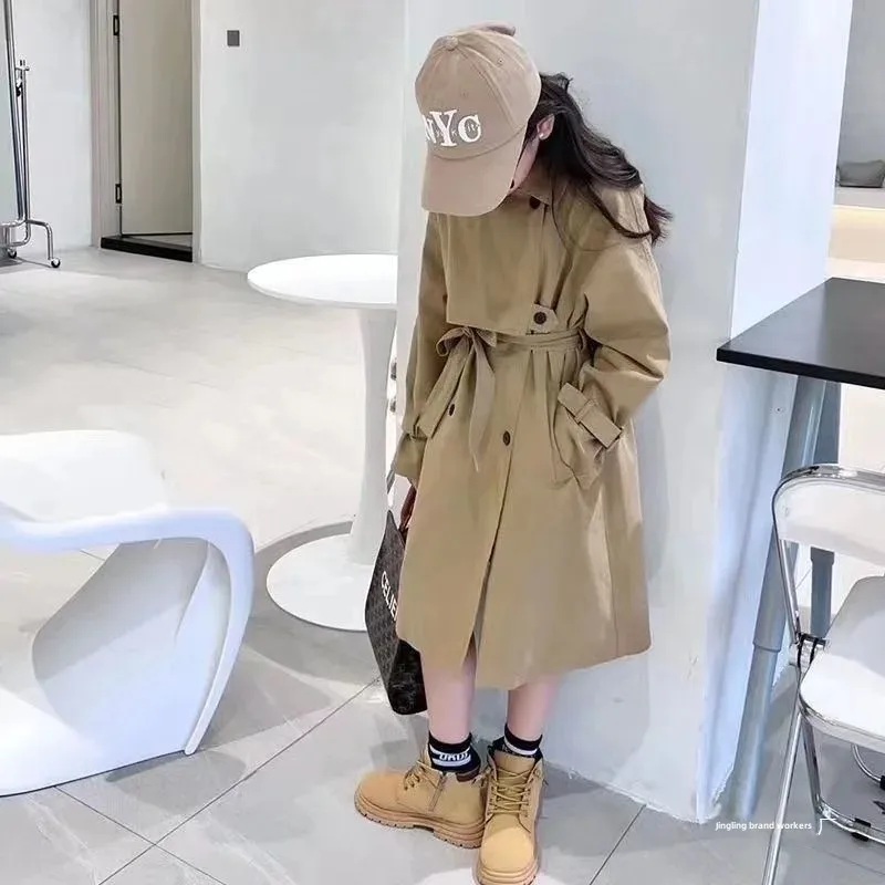 Girls' Windbreaker Jacket Waist-Cinching Midi Coat Spring Autumn Korean Kids' Clothing Student Elegant Coat