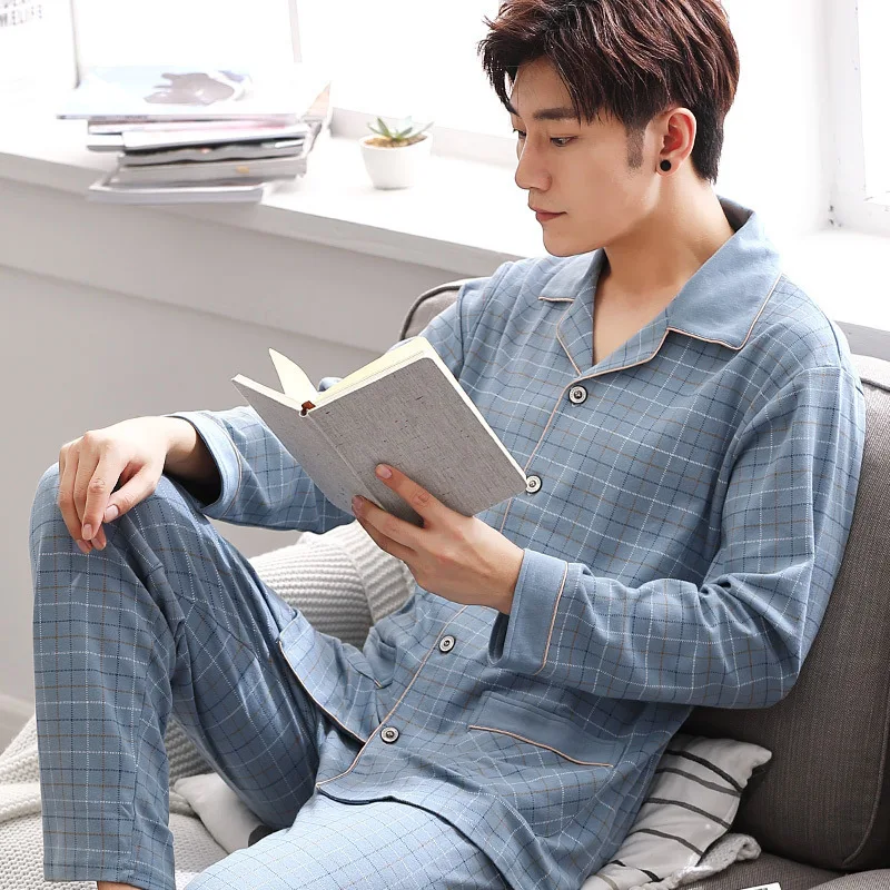 Pajama Sets Men Spring Fall Winter Cotton Long-Sleeved Large Size Leisure Sleepwear