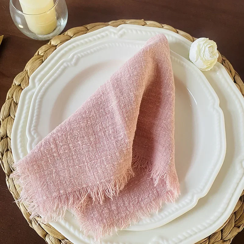프린지가 달린 수제 거즈 핑크 천 냅킨, 베이비 샤워 디너 파티 웨딩 테이블 장식, 소박한 냅킨, 10 개, 32X3, 2cm