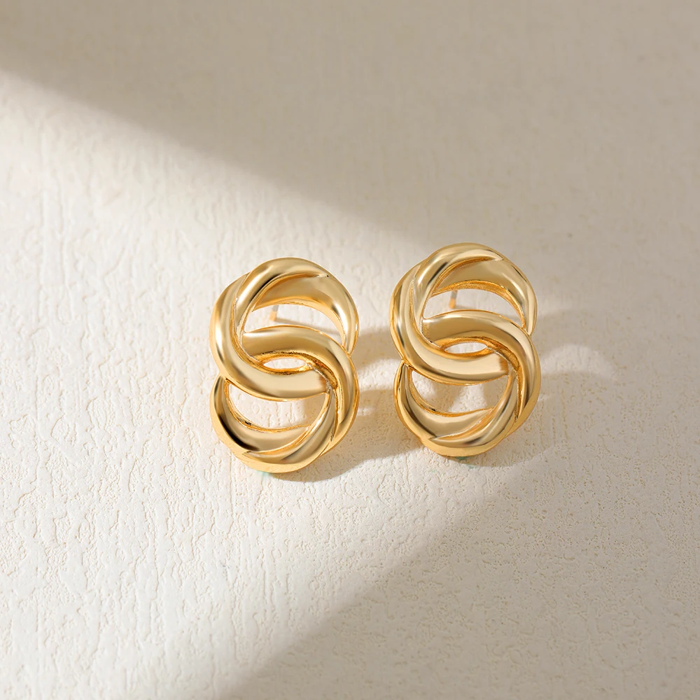 New Interlocking Circle Earrings for Women Gold Color Waterproof PVD Statement Double Round Knot Ear Stud Jewelry Stylish Bijoux